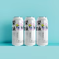 Refreshing Sparkling Fruit Flavored Beverage Three White Cans on Light Blue Background