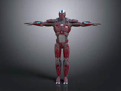 Game Movie Character Red And Silver Armored Robot With Blue Glowing Elements Arms Outstretched Pose 3d model