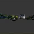 Cartoon Scenery Featuring Castle with Towers Green Lawn Trees River Bridge and Car