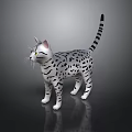Gray White Spotted Cat With Black Stripes Striped Tail And Green Eyes On Black Surface