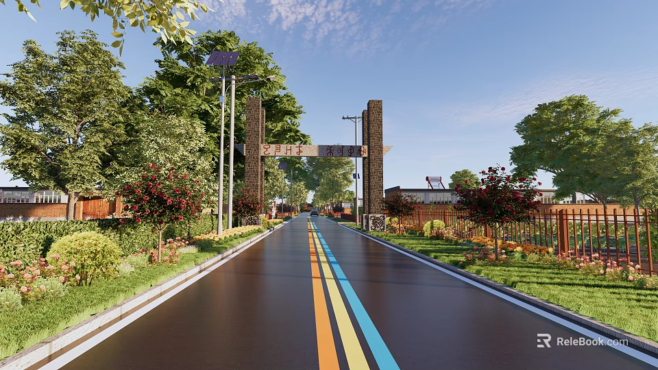 Municipal Road With Colorful Stripes Greenery Street Lamps And Entrance Arch 3d model 