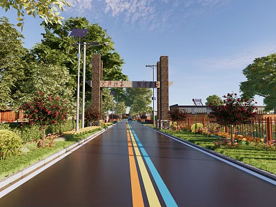 Municipal Road With Colorful Stripes Greenery Street Lamps And Entrance Arch 3d model