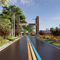Municipal Road With Colorful Stripes Greenery Street Lamps And Entrance Arch