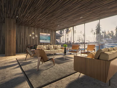 Modern Living And Dining Room With Wooden Ceiling Sofa Chairs Large Windows And Tropical Views 3d model