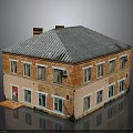 Vintage Red Brick Building Exterior With Gray Roof Red Door Multiple Windows And Chimney