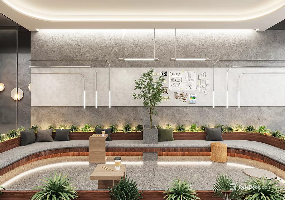 Modern Open Café With Circular Layout Curved Sofa Wooden Tables Green Plants And Minimalist Wall 3d model 