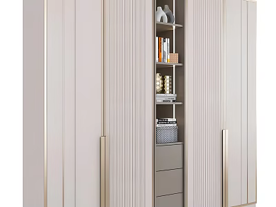 Modern Light Beige Wardrobe With Gold Handles Vertical Stripes Central Open Shelves And Drawer Storage 3d model