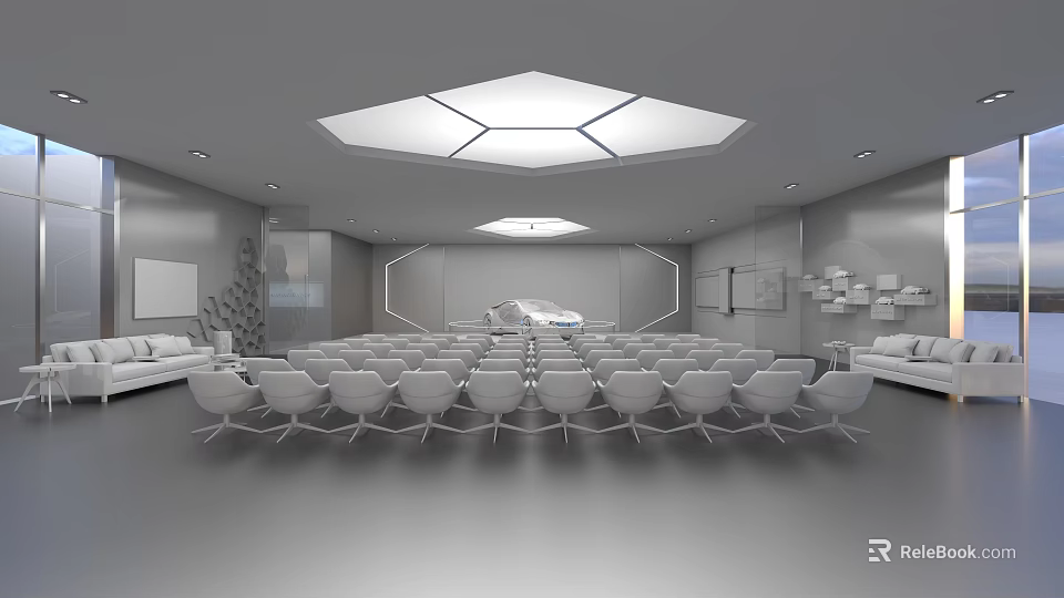 Modern Meeting Room Interior With White Chairs And Geometric Skylight Design 3d model 