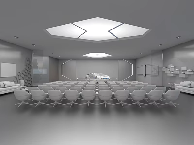 Modern Meeting Room Interior With White Chairs And Geometric Skylight Design 3d model