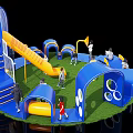 Interactive Playground Area With Blue Orange Slides Climbing Structures Green Lawn And Children 3d model