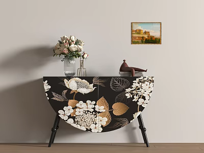 Decorative Black Semicircular Locker with White Gold Patterns Vase Flowers and Teapot Near Wall Painting 3d model