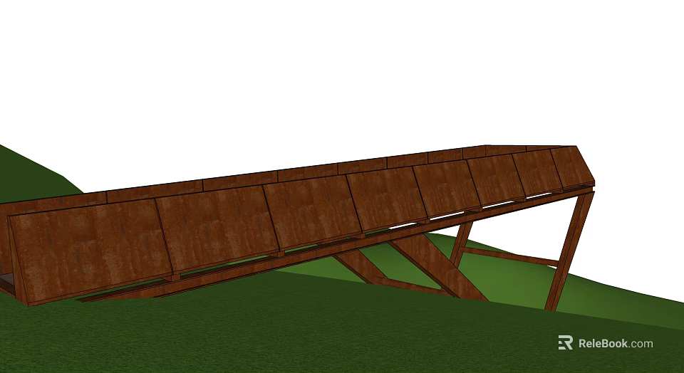 Wooden Road Bridge Infrastructure With Green Grass Surroundings And Support Frames 3d model