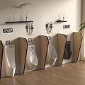 Modern Urinals with Wooden Partitions Wall Shelves and Green Plant in Clean Restroom Design