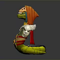 Skeleton Head Character With Green Snake Like Creature Body Decorated Cape And Patterned Clothing Design