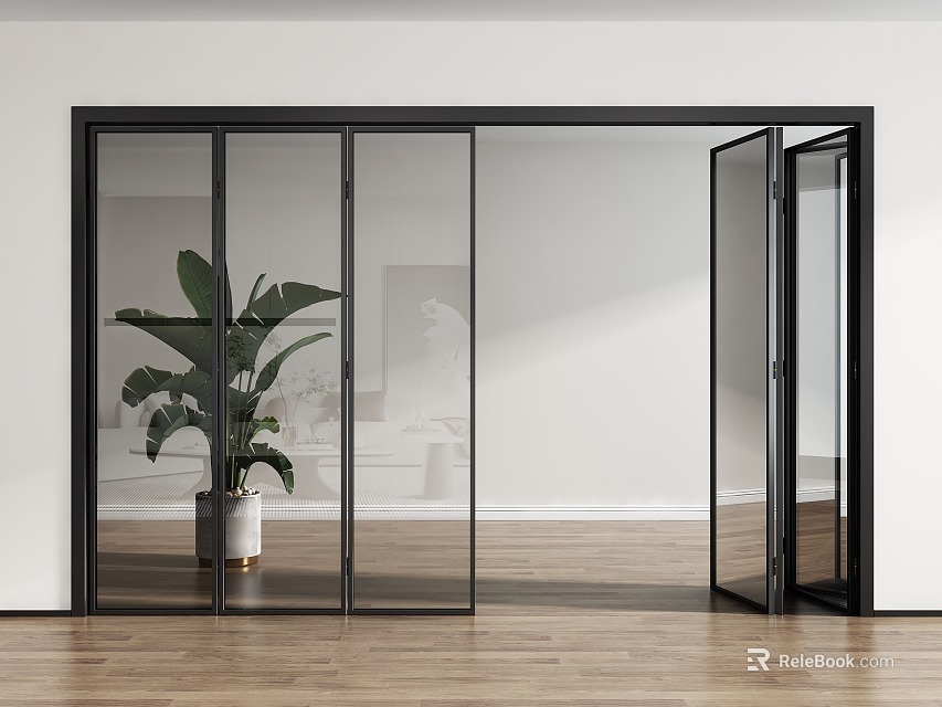Glass Folding Doors With Black Frame Modern Interior Wooden Floor And Plant 3d model 