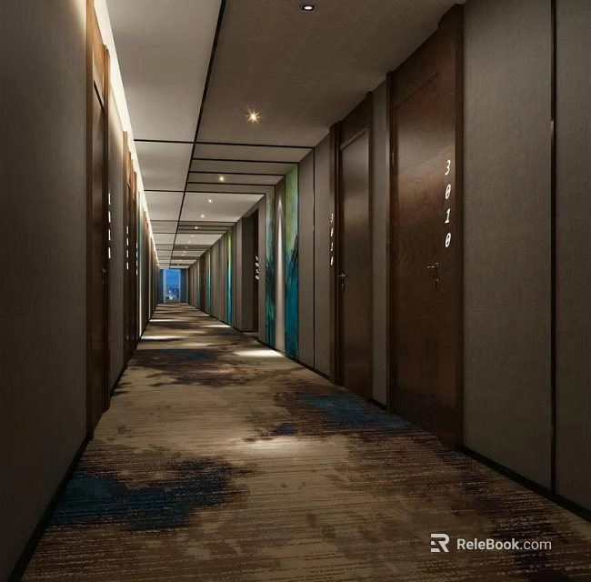 Hotel Corridor Featuring Doors On Both Sides Patterned Carpet And Soft Recessed Lighting 3d model 