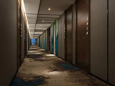 Hotel Corridor Featuring Doors On Both Sides Patterned Carpet And Soft Recessed Lighting 3d model
