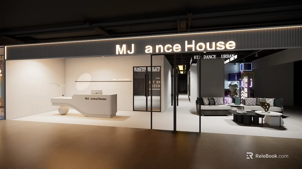MJ Dance House Exhibition Hall With Reception Desk Sofa And Display Area 3d model 