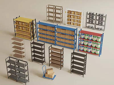 Colorful Storage Shelves With Boxes Cans Handcart And Cardboard Box 3d model
