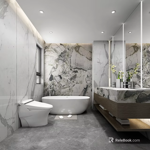 Modern Bathroom Interior Design With Marble Walls Bathtub Vanity And Mirror 3d model 