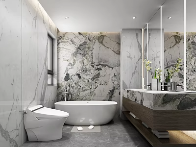 Modern Bathroom Interior Design With Marble Walls Bathtub Vanity And Mirror 3d model