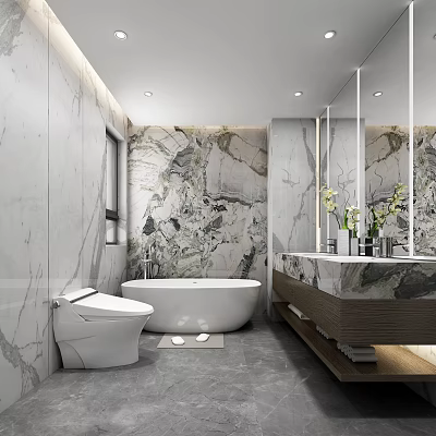 Modern Bathroom Interior Design With Marble Walls Bathtub Vanity And Mirror 3d model