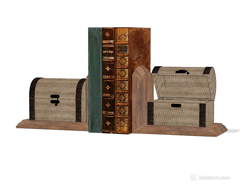 Decorative Woven Trunks With Leather Straps And Vintage Books On Wooden Shelf 3d model 