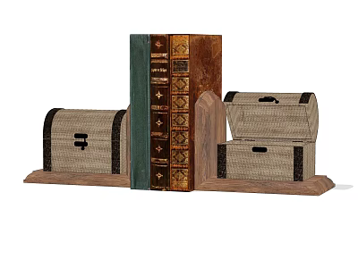 Decorative Woven Trunks With Leather Straps And Vintage Books On Wooden Shelf 3d model