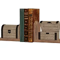 Decorative Woven Trunks With Leather Straps And Vintage Books On Wooden Shelf