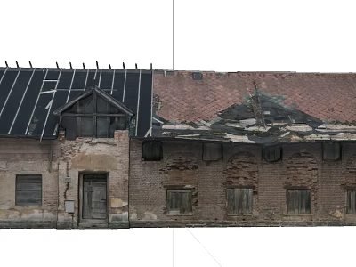 Dilapidated Abandoned Brick House With Partially Damaged Roof Black Red Tiles And Old Windows 3d model