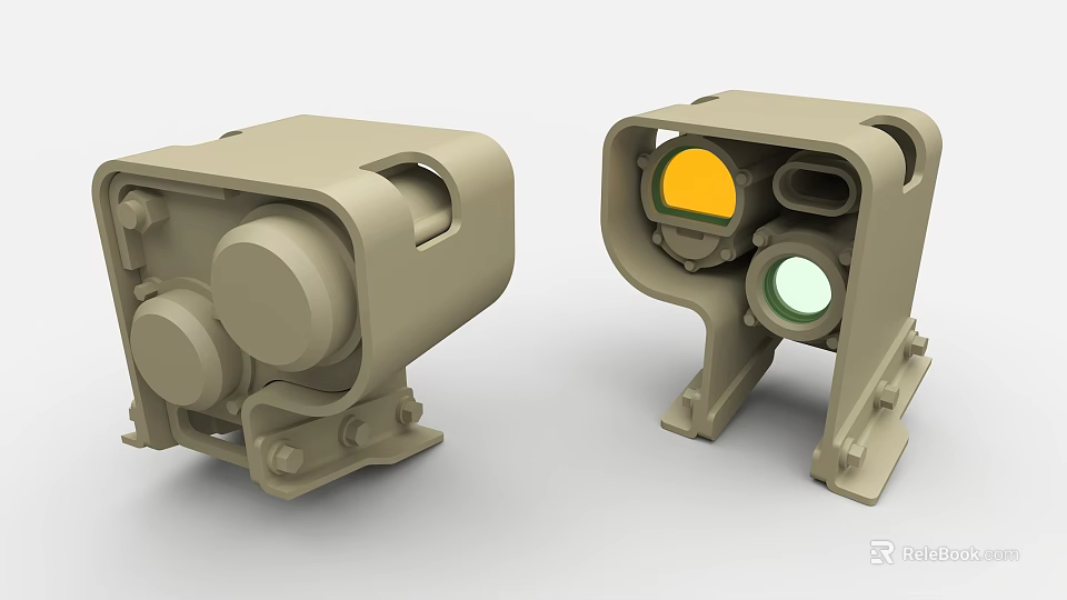 Industrial Equipment Two Mechanical Units With Yellow Green Lenses And Metal Housing Structures 3d model 