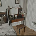 Elegant Wooden Dressing Table In Bedroom With Mirror Cosmetics Flower Vase And Stool