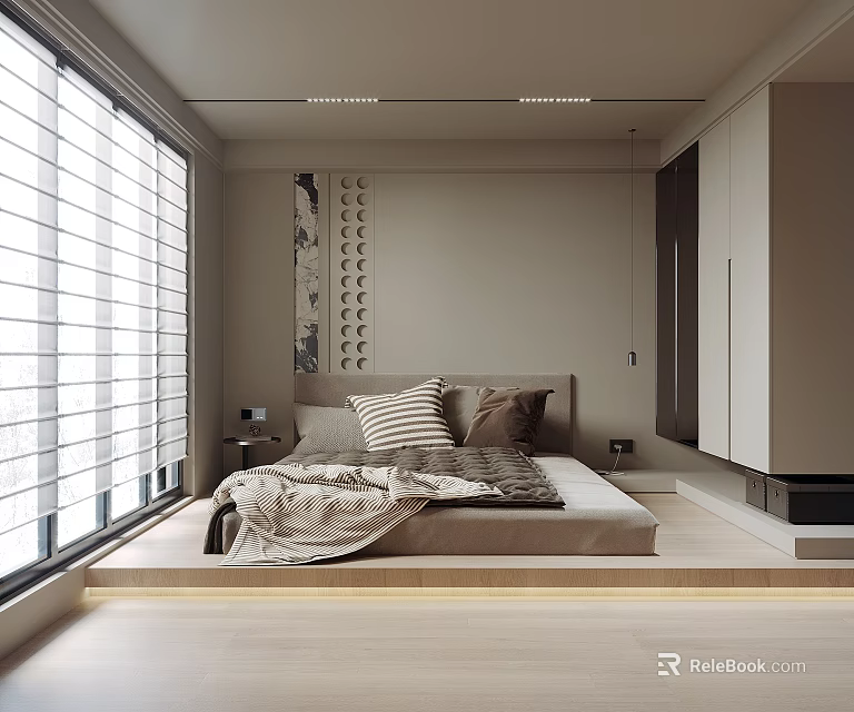 Modern Bedroom Interior Design With Large Windows Blinds Platform Bed Wall Art And Wardrobe 3d model 