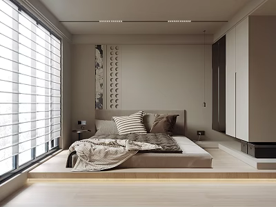 Modern Bedroom Interior Design With Large Windows Blinds Platform Bed Wall Art And Wardrobe 3d model