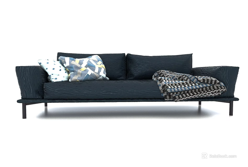 Black Sectional Sofa With Geometric Patterned Pillows And Knitted Throw Blanket 3d model