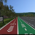 Colorful Bicycle Lane With Arrow Markings Guardrails And Green Plants Along Road