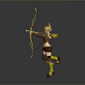 A Woman Archer in Brown Outfit Holding Bow and Arrow Leaping with Green Boots