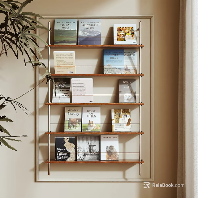 Stylish Multi Tiered Shelf Unit With Neatly Arranged Books And Green Plant 3d model 