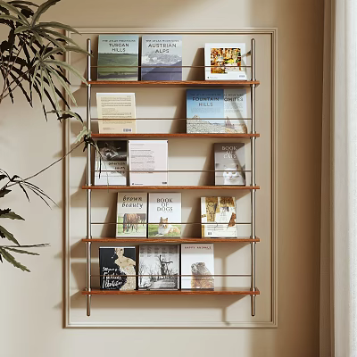 Stylish Multi Tiered Shelf Unit With Neatly Arranged Books And Green Plant 3d model