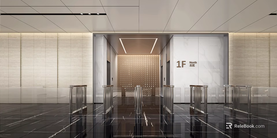 Modern Elevator Lobby Featuring Marble Walls Glass Barriers Polished Floor Ceiling Lights And 1F Signage 3d model 