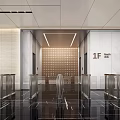 Modern Elevator Lobby Featuring Marble Walls Glass Barriers Polished Floor Ceiling Lights And 1F Signage