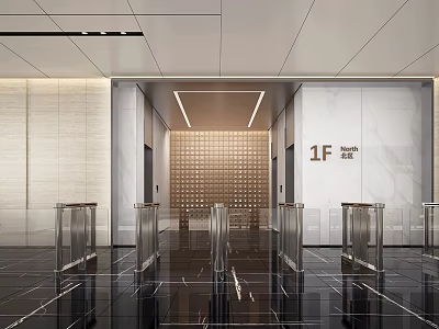 Modern Elevator Lobby Featuring Marble Walls Glass Barriers Polished Floor Ceiling Lights And 1F Signage 3d model