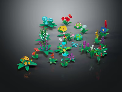 Cartoon Scene with Colorful Flowers Green Leaves Various Shaped Plants and Small Decorative Elements 3d model