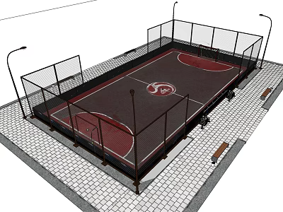 Outdoor Football Field With Surrounding Fence Light Poles Benches And Central Logo 3d model