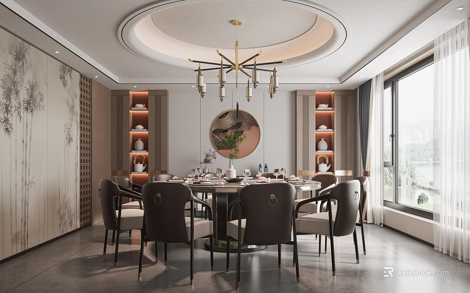 Elegant Private Dining Room With Round Table Chandelier Display Shelves And Window View 3d model 