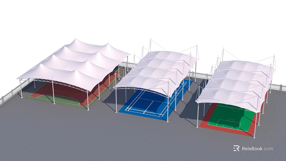 Tensile Membrane Canopies Covering Multiple Outdoor Sports Courts With Colorful Surfaces 3d model 