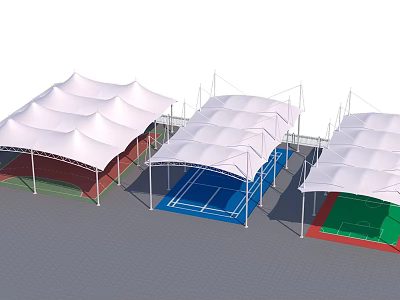 Tensile Membrane Canopies Covering Multiple Outdoor Sports Courts With Colorful Surfaces 3d model