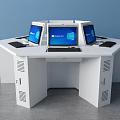 Octagonal White Office Desk With Three Laptops Displaying Windows Interface Drawers And Ventilation Holes