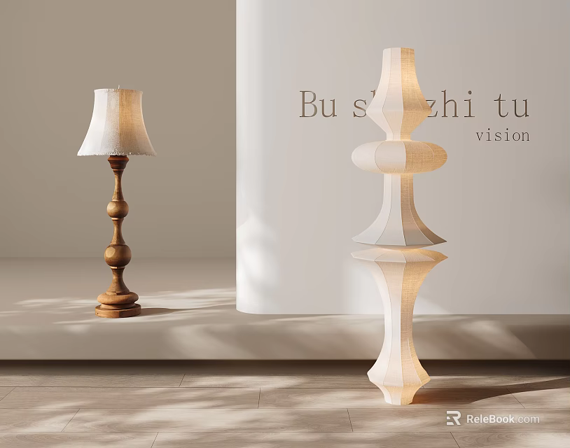 Modern And Traditional Floor Lamps With Wooden Base And White Geometric Design Featuring Shade And Reflection 3d model 