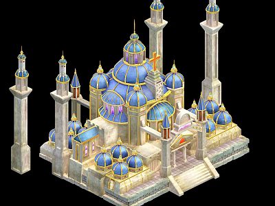 Ornate Ancient Architecture Featuring Blue Domes Golden Decorations Tall Towers And Spires 3d model